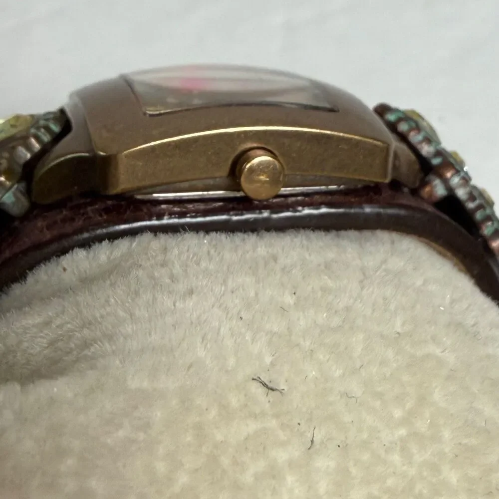 Vintage Fossil JR-8835 Brown Leather Cuff Watch Southwestern Rhinestone AS IS